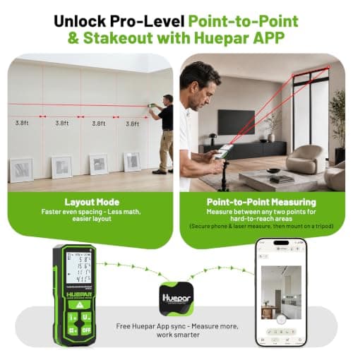 Huepar Laser Distance Measure 395Ft. Digital Rechargeable Laser Measuring Tool with Bluetooth -Phone APP, Angle Sensor, 1/16in Accuracy, M/in/Ft Unit, Pythagorean Mode, Measure Distance, Area, Volume - Thumbnail 3