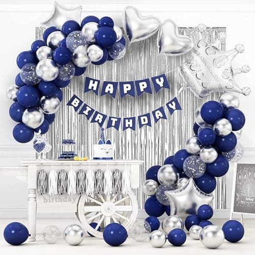 Navy Blue Birthday Party Decorations Set – 92Pcs Set with Banner, Star Garland, Crown, Heart & Star Foil Balloons, Fringe Curtain, Cake Topper, Tablecloth, Latex & Confetti Balloons for Men & Women - Thumbnail 2