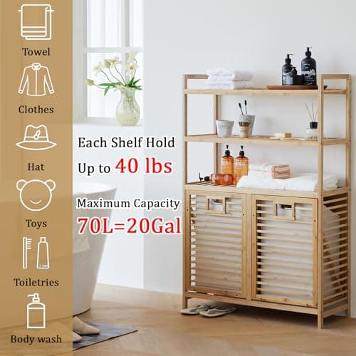 Baveke Bamboo Laundry Hamper with Shelf - 3-Tier Tilt Out Dirty Clothes Basket Organizer, FSC-Certified Moisture Resistant Storage for Bathroom, Bedroom, Laundry Room (Natural, 2 Bags) - Thumbnail 4