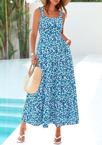PRETTYGARDEN Womens 2026 Summer Dresses Fashion Clothing Floral Maxi Dress Ruffle Long Flowy Boho Beach Vacation Sundresses (Blue Floral,Small) - Thumbnail 5