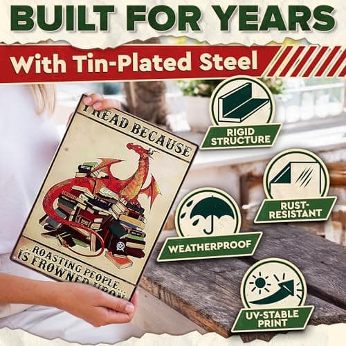 I Read Because Metal Sign – Dragon Wall Art, Durable Non-Fade Tin Sign, Funny Vintage Dragon Wall Decor, Easy to Install 8x12" Bedroom, Cafe, Library Decor, Great Valentines Day Gifts for Book Lovers - Thumbnail 4