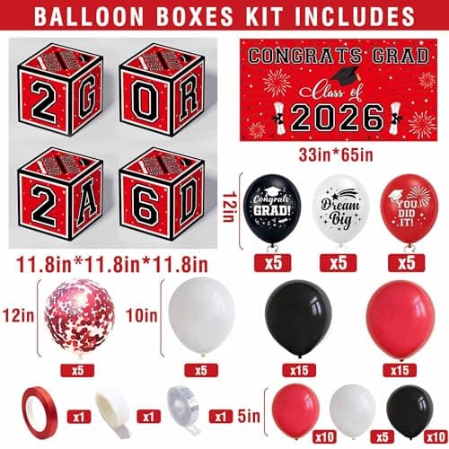 Graduation Decorations 2026 Black Red and White Balloon Boxes, Class of 2026 GRAD Letters, Balloon Garland Kit, Congrats Grad Banner Photo Backdrop for High School & College - Thumbnail 2