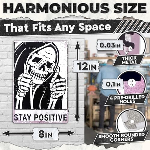 Halloween Skull Decor for Home – Stay Positive Tin Signs Vintage Style 8×12 Inch – Easy to Hang Halloween Wall Decor, Funny Metal Signs for Bedroom, Living Room, Garage, Office – Indoor/Outdoor Use - Thumbnail 2
