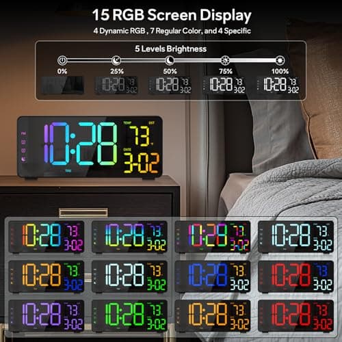 EVILTO Digital Alarm Clocks for Bedrooms, RGB Desk Clock with 15 Color Display, Date Temperature and Weekday, DST, Snooze, 2 Alarms, Ambient Lighting for Living Room, Bedside Office Gaming Desk Decor - Thumbnail 3