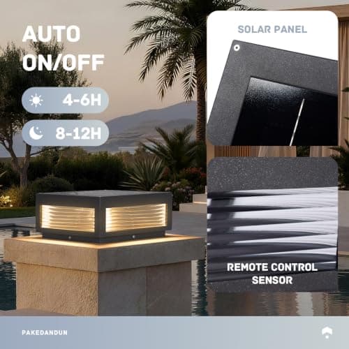 PAKEDANDUN Solar Post Light,11.81''x11.81'' Waterproof Column Pillar Lights Dusk to Dawn Modern Lamp Posts 3000K LED E26 Bulb Decoration Lantern for Garden Fence Patio Driveway - Thumbnail 2
