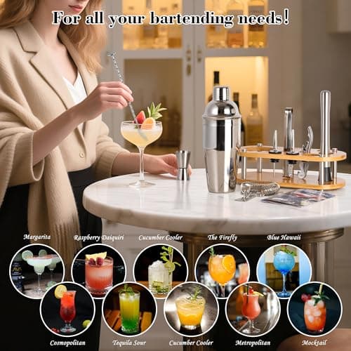 Cocktail Shaker Set Bartender Kit - 11 Pcs Bar Tool Set with Bamboo Stand & All Bar Accessories: Martini Shaker, Strainer,Jigger, Muddler, Mixer Spoon Barware Kit, for Bar, Home Lounge & Party - Thumbnail 5