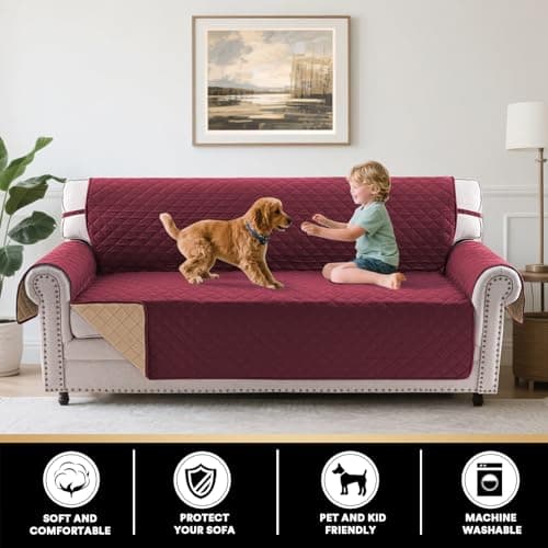 PrinceDeco Couch Cover for Dogs Washable XL Couch Covers for 3 Cushion Couch Sofa Pet Friendly Water Resistant Furniture Protector with Elastic Straps(XL Sofa 78",Wine) - Thumbnail 3