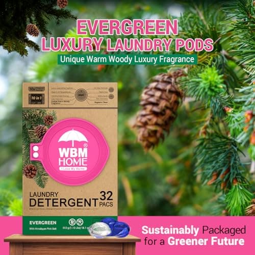 WBM Laundry Detergent Pods - Ultra-Concentrated, Hypoallergenic, Stain-Fighting, Evergreen Scent, 32-Pack, Recyclable Packaging for Eco-Friendly Cleaning - Thumbnail 5
