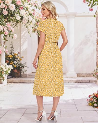 MOLERANI Summer Women's 2026 V Neck Casual Short Sleeve Midi Dress Waffle Knit Flowy Pockets Button Womens Maxi Boho Dresses Spring Floral Sundress Beach Vacation Outfits Comfy, YE S Floral, M - Thumbnail 5