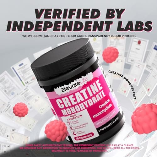 NSFCertified Creatine Monohydrate Gummies 5000mg for Men & Women, Chewables Creatine Monohydrate for Muscle Strength, Muscle Builder, Energy Boost, Pre-Workout Supplement(90 Count)-Strawberries - Thumbnail 4