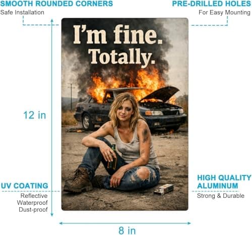 I'm Fine. Totally. Metal Sign - 8x12 Inch Vintage Tin Plaque with Humorous Girl & Burning Car Art, Perfect for Home or Office Decor, Pre-Drilled Holes for Easy Hanging - Thumbnail 6