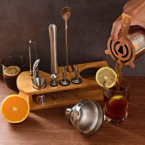 Cocktail Shaker Set Bartender Kit : 12-Piece Bar Tool Set with Bamboo Stand | Bar Set with All Practical Bar Accessories, for Drink Mixing, Bar, Home, Lounge & Party (Silver) - Thumbnail 6