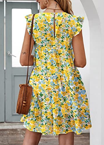 KIRUNDO Women's Casual Summer Dresses 2026 Ruffle Sleeveless Boho Floral Mini Beach Party Hawaiian Round Neck Loose Short Flowy Pleated Babydoll Dress, Floral3-white Yellow, Medium - Thumbnail 5