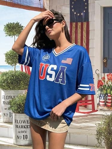 MYHALF 250th Anniversary USA Jerseys for Women - 4th of July Shirts American Flag Graphic Tee Patriotic Baseball Outfits - Thumbnail 6