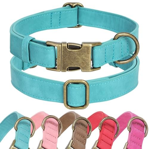 Jumpress Soft Leather Dog Collar for Small Medium Large Dogs, Heavy Duty Dog Collar Leather with Quick Release Metal Buckle, Durable & Adjustable for Large Dogs Walking (Teal Blue, L)