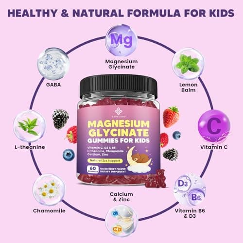 YANLUOBO Kids Magnesium Gummies, Magnesium Glycinate Gummies 400mg/200mg with L-Theanine, Chamomile, Vitamin B6, D3 for Kids, Relaxation & Zzz Support, Nerve Bone - Sugar Free Mixed Berry Flavor 60ct - Thumbnail 3