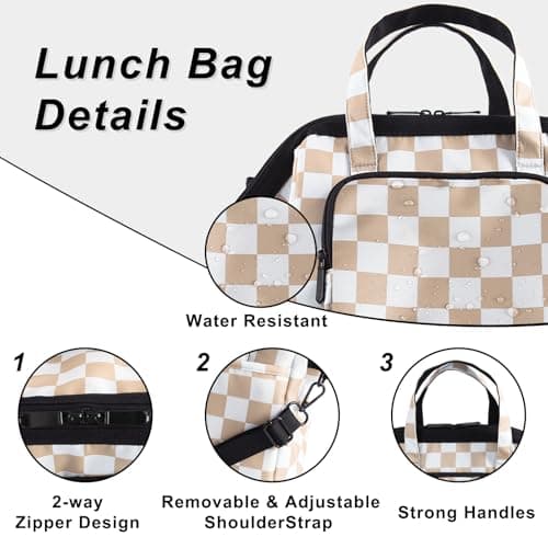 U+U Reusable Lunch Bag for Women Men Leakproof Lunch Tote Bag with Adjustable Strap, Holds Lunch Box, Snacks, Fruits for Work, Picnic or Travel - Insulated, Large Capacity, Waterproof(Khaki Checkered) - Thumbnail 5