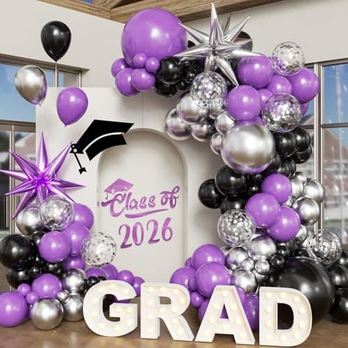 Purple and Black Balloon Arch Kit, 2026 Graduation Decorations, 130Pcs Purple Black Silver Balloons with Foil Star Confetti Balloons for College High School Graduation Decorations Class of 2026 - Image 1