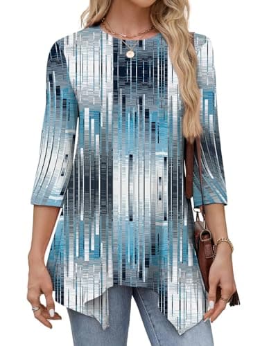 JUSTFASHIONNOW Tunic Tops for Women Loose Fit Dressy Casual 3/4 Length Sleeve Womens Fall Tops Ladies Clothing Plus Size Outfits（stripe-blue，X-Large - Thumbnail 4