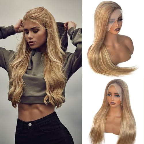 Upgrade - 13*4 Lace Front Straight Wigs for Women,Brown Roots mixed Golden brown and blonde,Glueless Ombre Highlights Blonde Lace Frontal Human Hair Wig with HD Lace ,Pre Plucked with Natural Hairline - Thumbnail 2
