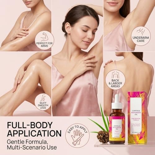 Cyperus Rotundus Oil Hair Removal | Slow Unwanted Hair Regrowth, Soften & Lighten Body Hair, Minimize Pores | Natural Depilatory Cream for Legs, Arms, Underarms | For All Skin Types | 2 Fl Oz - Thumbnail 3
