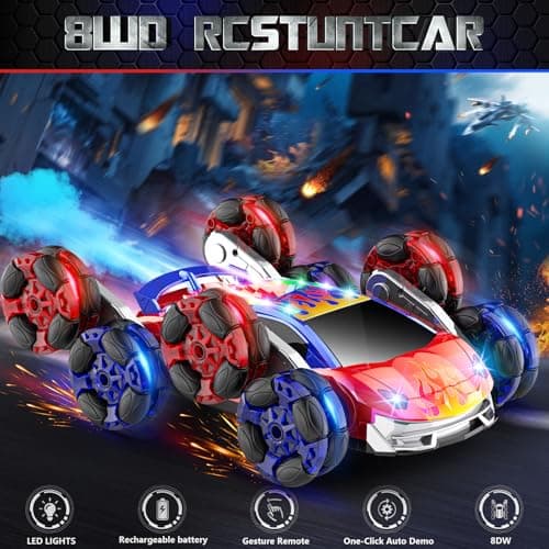 OSIMILY 8WD Remote Control Car,2.4GHz Gesture Sensing RC Stunt Car,Cool Spray Rotation RC Car with Lights and Music,All Terrain Toys for Kids Ages 7 Birthday Gifts for Boys Girls(Red) - Thumbnail 2