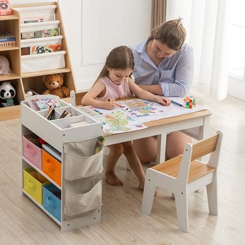 IKALIFE Kids Art Table and Chair - Toddler Craft Table and Chairs Set with 2 Chair & Bins, Large Storage Kids Activity Desk with Paper Roll for Playrooms & Classroom, 40" L x 20" W, Natural - Thumbnail 6