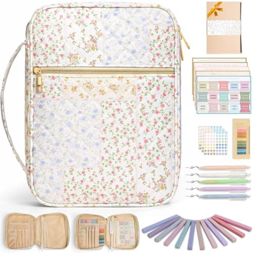 Bible Cover Case for Women Girls: Christian Mothers Day Gifts for Mom Large Quilted Bible Bag with Multi Pockets 26Pcs Study Supplies Journaling Kit, Floral Print Durable Book Carrying Organizer - Image 1
