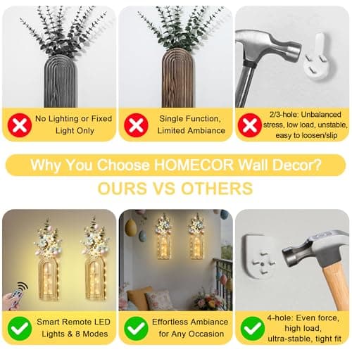 HOMECOR Easter Wall Decor Set of 2 - Boho & Modern Farmhouse Hanging Wooden Vase with Fairy Lights & Artificial Plants, Spring Wall Art for Living Room, Bedroom, Bathroom, Easter Home Decor Gift - Thumbnail 5