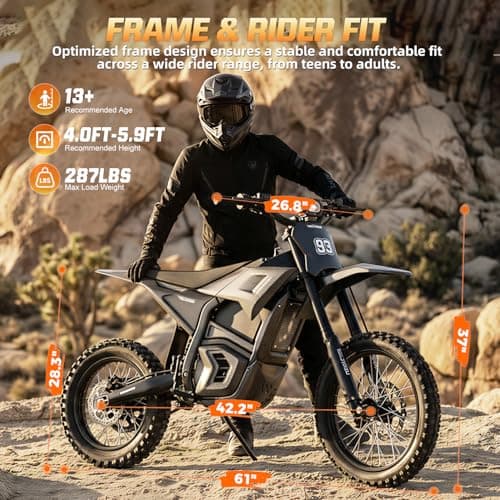 VALTINSU EM5 Electric Dirt Bike w/Light & Display, Off-Road Motorcycle 3840W 3 Speed Modes (Max 40MPH) 48V Range 53MI,14"/12" Tires,Dual Suspension & Hydraulic Brakes Fit Age 13+ w/Accessories - Thumbnail 6