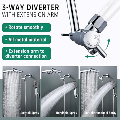 V-Frankness Shower Heads with Handheld Spray Combo, 13 Inches Rain Shower Head with 4 Mode Handheld Wand, and 13 Inches Adjustable Extension Arm, 3 Way Diverter Valve, Extra Long Hose (Chrome) - Thumbnail 4