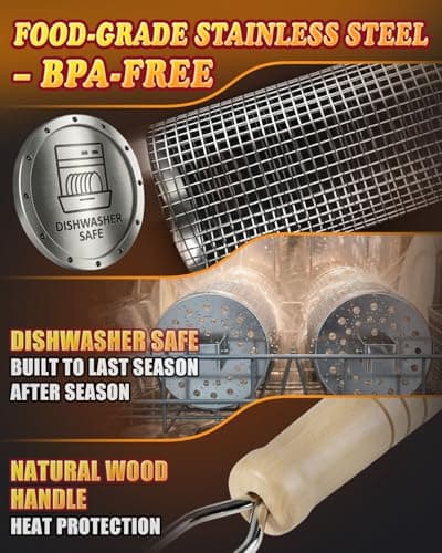 Rolling Grill Basket Set, 2-Pack 304 Stainless Steel BBQ Tool with Removable Wooden Handle for Vegetables, Shrimp, Camping, Smoker Accessories, Gifts for Men Dad Husband - Thumbnail 6