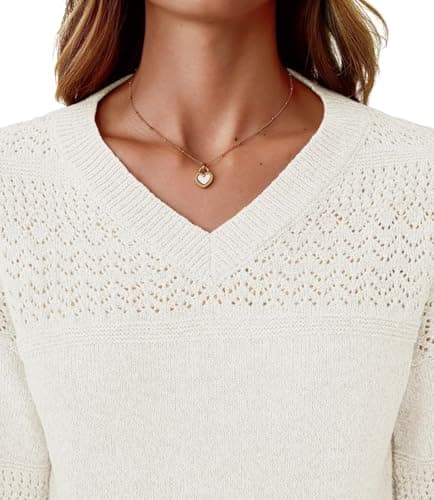 NORACORA Women's V Neck Fall Sweaters Crochet Soft Lightweight Ribbed Knit Loose Pullover Sweater Long Sleeve Tops 2025 Trendy Outfits White - Thumbnail 5