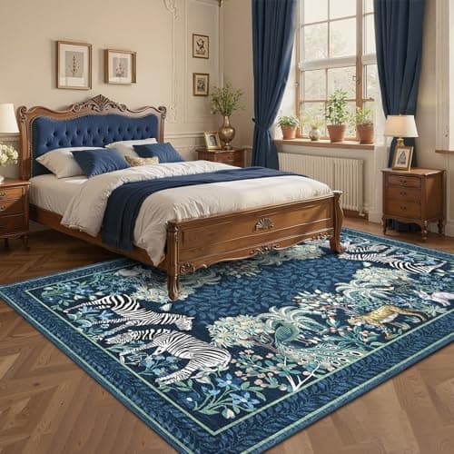 GarveeHome Zebra Teal Washable Rugs 9x12 for Living Room Vintage Jungle Woodland Forest Safari Animal Print Rug Low Pile Botanical Kids Rugs for Playroom Kitchen Nursery Room - Thumbnail 5