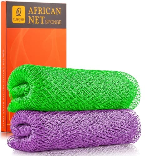 UJFQBH Authentic African Net Sponge - 2 Pcs Natural Exfoliating Net Scrubber, Gentle for Sensitive Skin, Deep Clean Body, Back & Legs, Fast Drying & Odor-Free（Green & Purple） - Image 1
