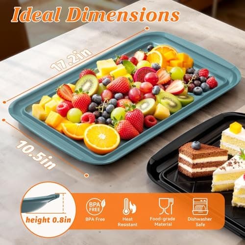 Serving Trays for Party - Set of 2, Large Serving Platters for Raw and Cooked Food, Dishwasher Safe, 17×10.5-inch Stackable Plastic Party Supplies for Grilling, BBQ, Meal Prep (Green, Black) - Thumbnail 2