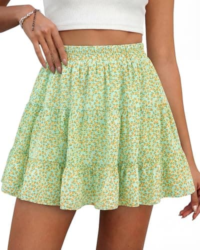 BTFBM Summer Skirts for Women 2026 Floral High Waist Shorts Underneath Boho Tiered Flowy Tennis Skorts Casual Mini Skirt(Floral Green Yellow, Small) - Image 1