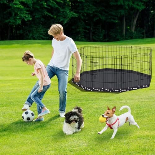 Dog Pen Pet Playpen Dog Fence Indoor Foldable Metal Wire Exercise Puppy Play Yard Pet Enclosure Indoor Outdoor 8 Panels 24 Inch with Bottom Pad (Bottom Cover Fence with Printing) - Thumbnail 3
