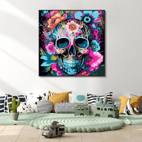 igoodom Framed Paint by Numbers Kit for Adults Beginner, Sugar Skull Easy Paint by Number Kits on Canvas with Easel, DIY Adults' Paint-by-Number Kits for Gift Home Wall Decor 10x10inch - Thumbnail 2