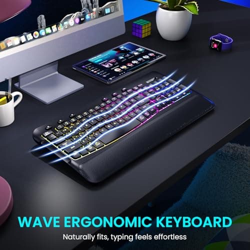 COLIKES Wireless Keyboard and Mouse Combo, Ergonomic Wave, 9 RGB Backlit Effects, Leather Wrist Rest, Rechargeable 2.4G Silent Set for Computer/Windows/Mac, Black - Thumbnail 2