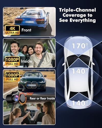 Frvesroe 4K 3 Channel Dash Cam Front and Rear Inside with WiFi 6 & GPS, 4K+1080P+1080P Dash Camera for Cars, FREE 64GB Card, IR Night Vision, 24H Parking Mode,Dashcam for Family & Rideshare Driver(V1) - Thumbnail 2
