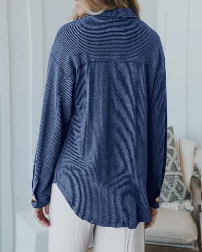 PRETTYGARDEN Women's Button Down Shirts 2026 Spring Long Sleeve Textured Tops Oversized Shacket Jacket Knit Blouses(Blue,XX-Large) - Thumbnail 5