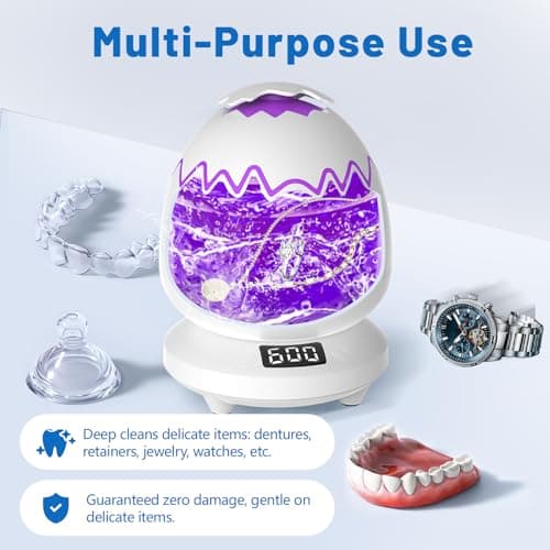 Ultrasonic Retainer Cleaner Machine for Dentures | 45kHz Dental Cleaning Pod for Aligner, Nightguard, Braces, Jewelry, Watch, 3 Timer Modes - with Cooling Fan & Removable Base Moonlight White - Thumbnail 5