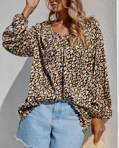 Zenlonr Womens Fall Tops Dressy Casual 2025 V Neck Satin Silk Printed Shirts Boho Long Sleeve Work Blouses(Black Leopard,XX-Large) - Thumbnail 4