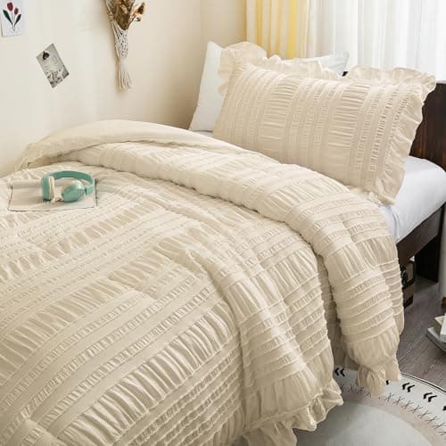 WONGS BEDDING Beige Comforter Set Full, 3 Pieces Ruffle Shabby Chic Comforter for Dorm Room Essentials for Full Bed, Soft Seersucker Bedding Set with 1 Comforter, 2 Tufted Pillowcases 90"×78" - Thumbnail 6