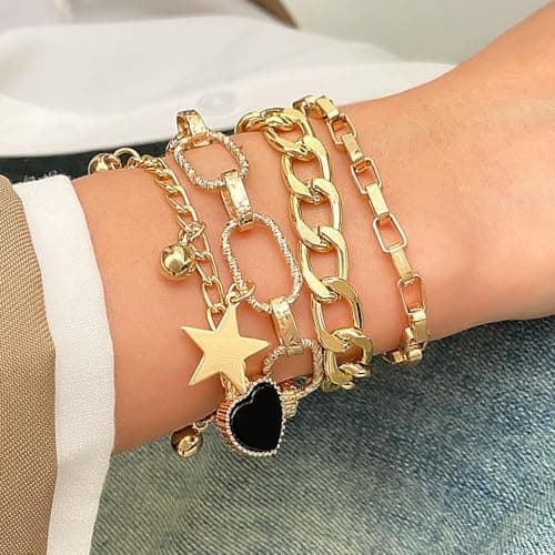 Alegend 14K Gold-Plated 4-Layer Design Bracelet Set - Bead, Heart & Star Pendants - Thumbnail 5