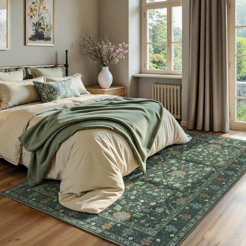 Vibrug 8x10 Area Rugs for Living Room, Floral Vintage Washable Rugs, Soft Boho Non-Slip Low Pile Carpets, Large Area Rug for Dining Room Bedroom Farmhouse Home Indoor Nursery, Dark Green - Thumbnail 4