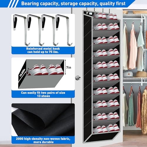 zebricolo Over the Door Shoe Organizer, Large Shoe Rack for Door 10 Tiers, Heavy Duty Metal Hanging Hook for Shoe Storage, Space Saving Shoe Holder Fits All Family Heels Boots Sneakers - Grey - Thumbnail 3