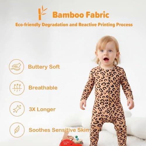 Baby One-Piece Footies Long Sleeve Rompers 2-Way Zipper, Baby Bodysuit Bamboo Clothes for Boys Girls (Leopard Print, Newborn) - Thumbnail 5