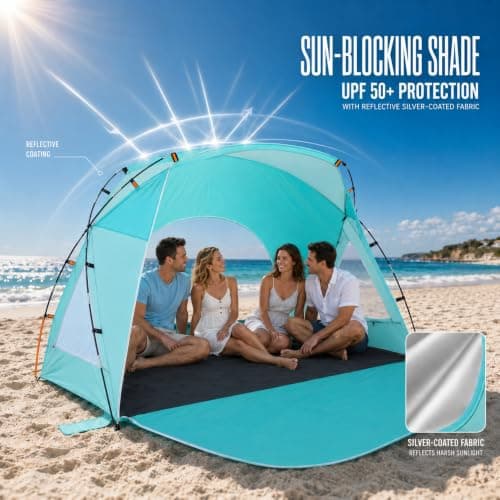 Beach Tent, Portable Sun Shelter for 2/3/4/6-8 Person with UPF 50+ UV Protection, Easy Setup Waterproof Beach Shade Canopy Cabana for Family Outdoor and Picnics, Fishing with Carrying Bag - Thumbnail 2